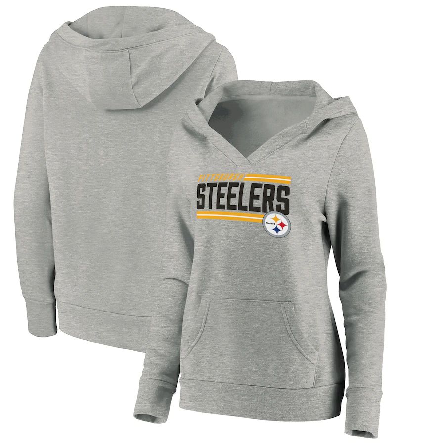 Women Pittsburgh Steelers Fanatics Branded Heathered Gray On Side Stripe V-Neck Pullover Hoodie